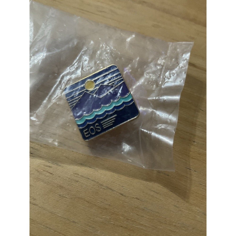 EOS Mountains Lake Sunrise Vtg Enamel Lapel Pin Hat Pinback Brooch Blue Purple
